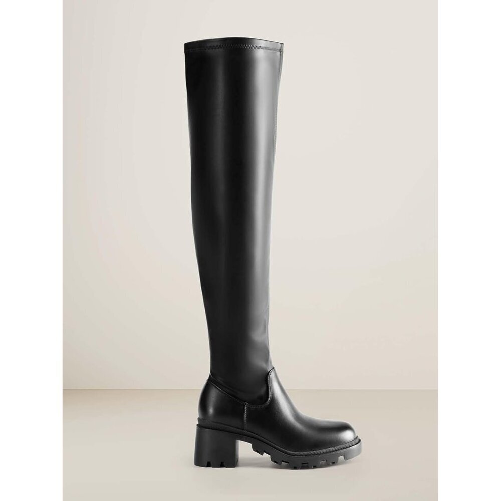 Women's Black-pu Faux Leather Knee High Over The Knee High Chunky Heel Boots - Picture 2 of 7